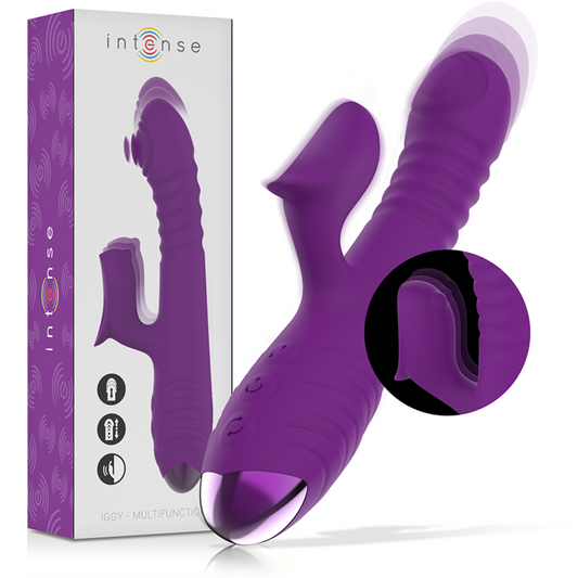 Purple multifunction rechargeable vibrator with textured shaft and curved clitoral stimulator.