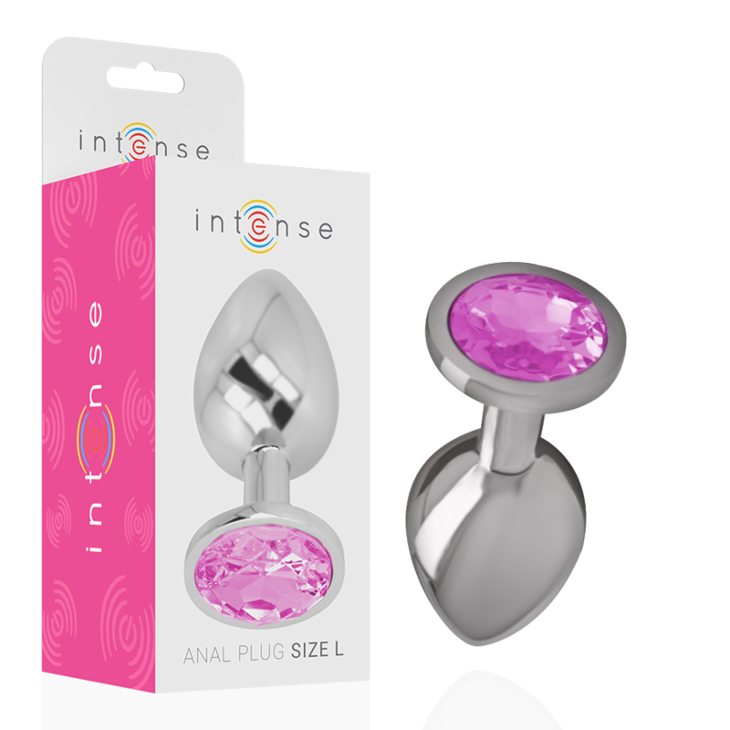 Large silver aluminum anal plug with faceted pink crystal base, displayed next to pink and white packaging box.