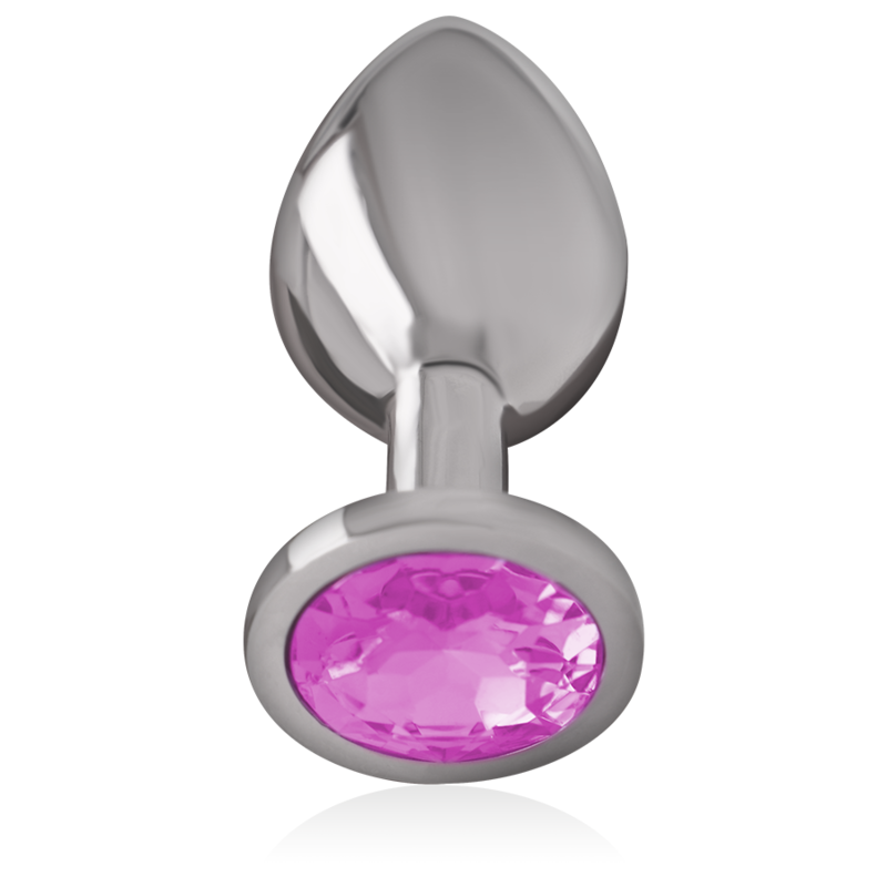 Polished silver aluminum anal plug with heart-shaped pink crystal base, size large.
