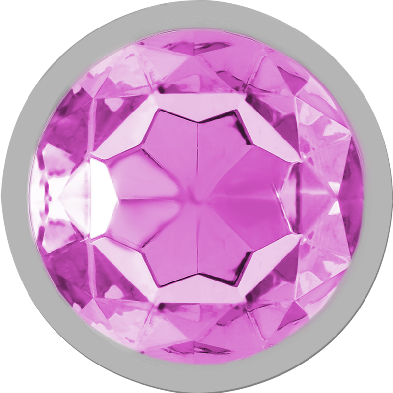 Aluminum metal anal plug with large pink faceted crystal base, round shape.