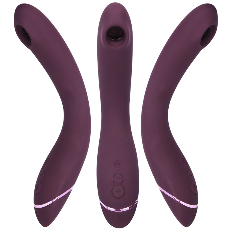 Curved aubergine silicone vibrator with dual buttons and light ring near handle base.