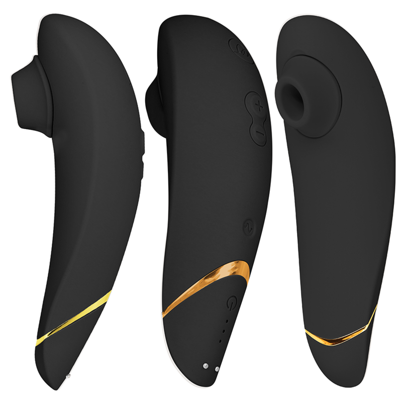 Black ergonomic clitoral stimulator with gold accent and control buttons on smooth silicone body.