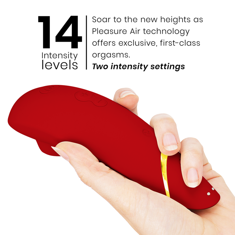 Bordeaux Womanizer Premium 2 clitoral stimulator with ergonomic curved design and gold accent in hand.
