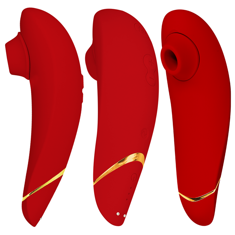 Bordeaux curved clitoral stimulator with gold accent and silicone texture, three views displayed.