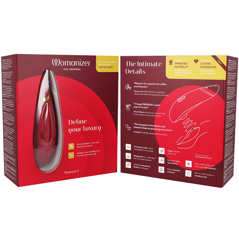 Bordeaux Womanizer Premium 2 clitoral stimulator in sleek packaging with product features and instructions.