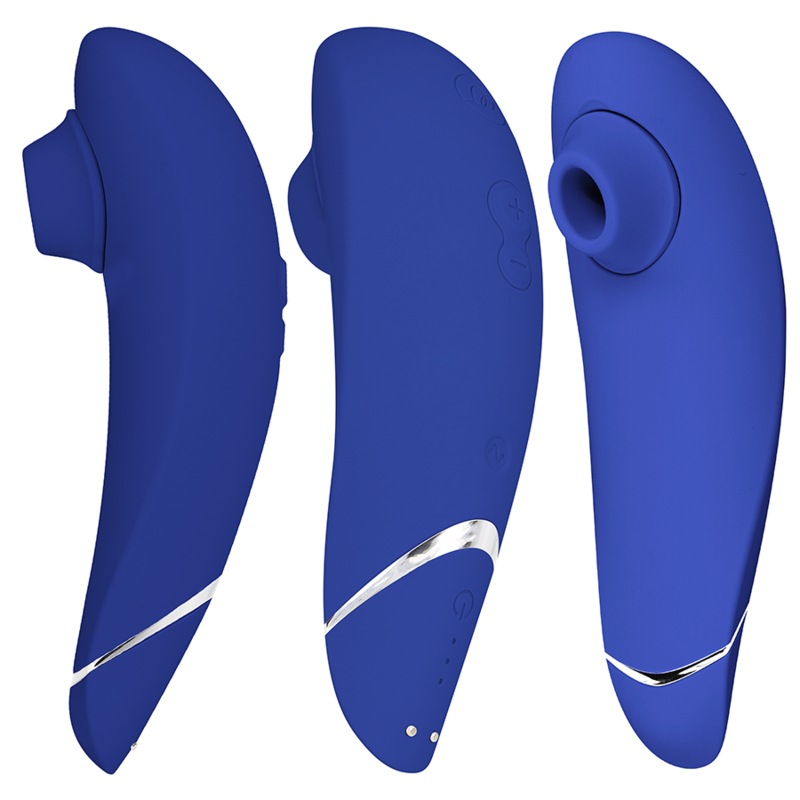 Blueberry-colored ergonomic clitoral stimulator with silicone nozzle and silver accent trim.