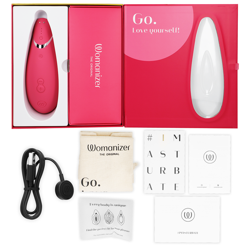 Raspberry pink clitoral stimulator with charging cable, white silicone cover, and user manuals in pink and white packaging.