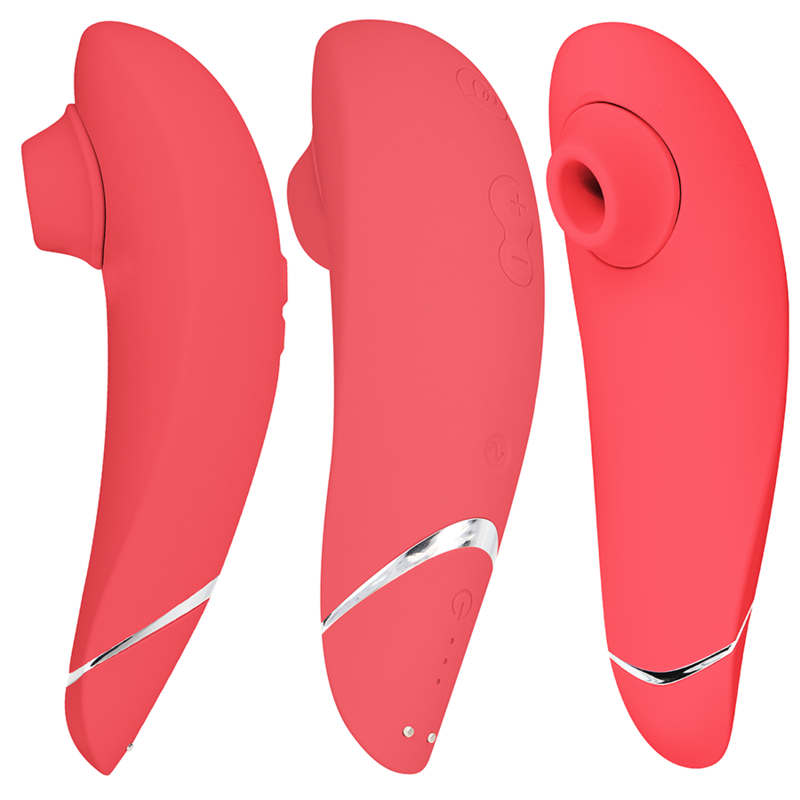 Raspberry red clitoral stimulator with curved ergonomic design and chrome accent detailing.