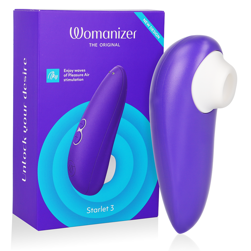Purple Womanizer Starlet 3 clitoral stimulator with white silicone tip and two control buttons alongside matching product box.