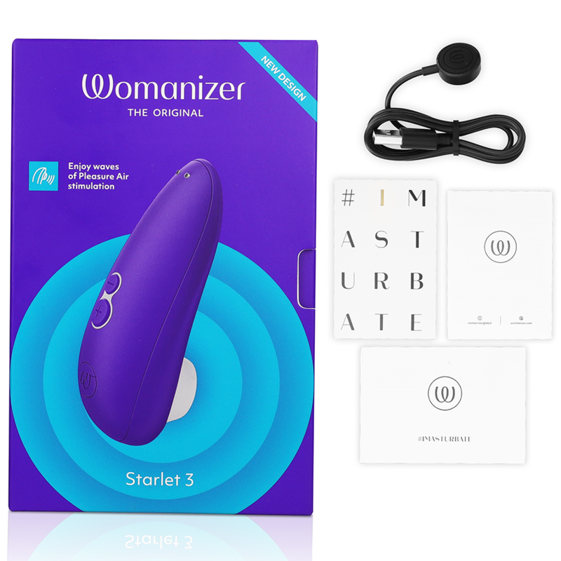 Indigo Womanizer Starlet 3 clitoral stimulator with curved ergonomic design and two control buttons shown next to USB.