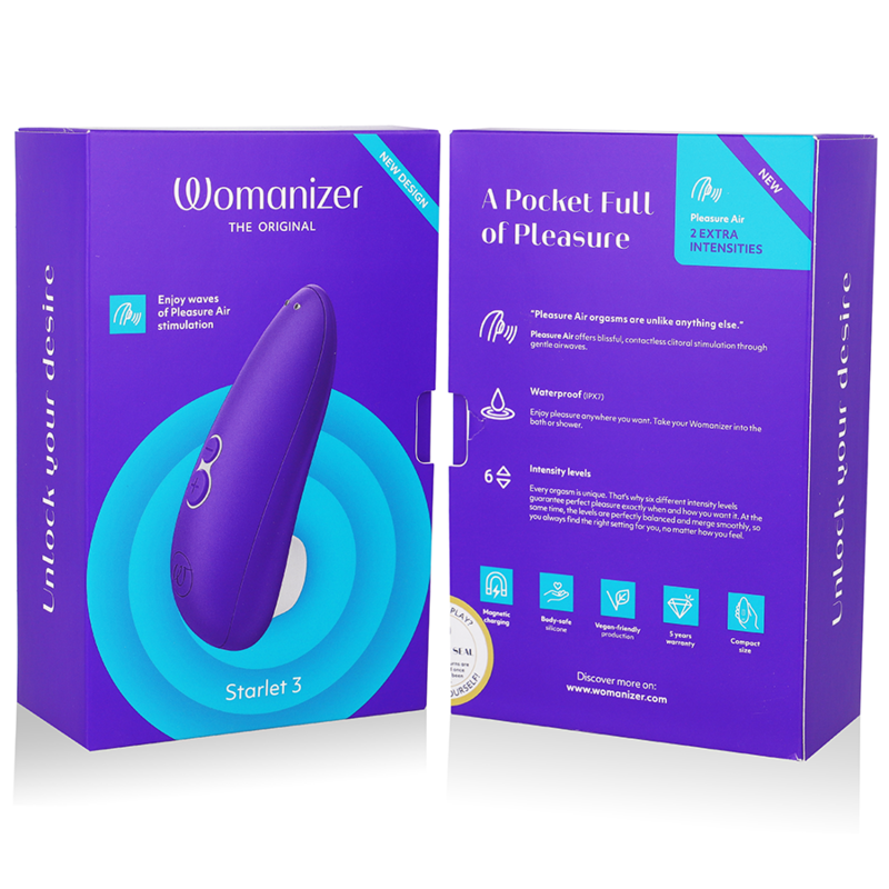 Compact indigo Womanizer Starlet 3 clitoral stimulator with curved design and control buttons on front, shown with front and .
