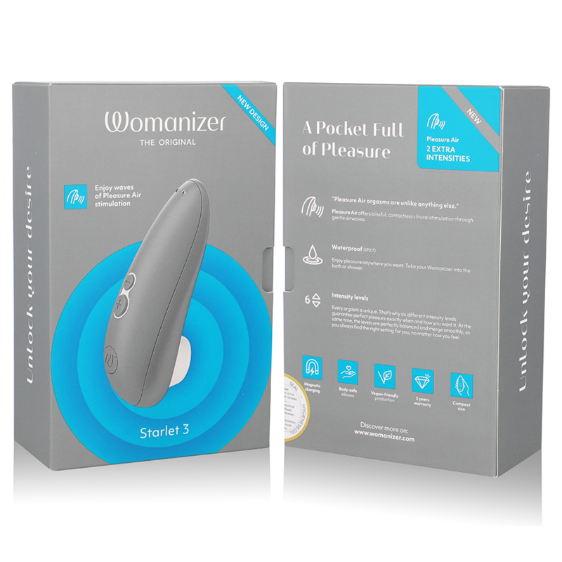 Gray Womanizer Starlet 3 clitoral stimulator with ergonomic design shown on front and back packaging boxes.
