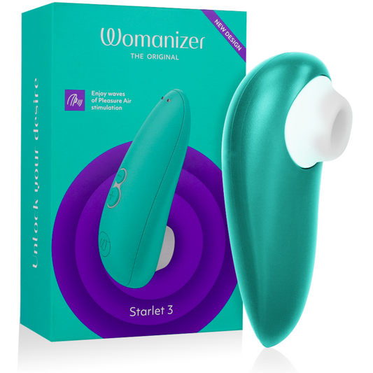 Turquoise Womanizer Starlet 3 clitoral stimulator with white silicone tip and curved ergonomic design next to teal packaging .