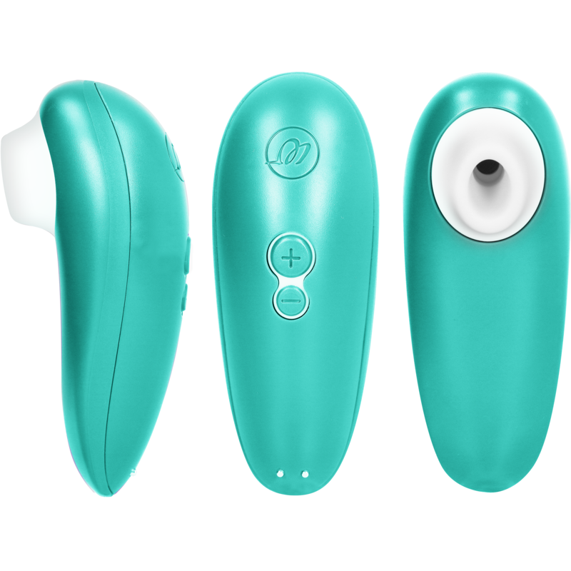 Turquoise ergonomic clitoral stimulator with plus and minus control buttons, silicone suction head.