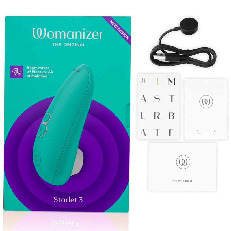 Turquoise Womanizer Starlet 3 clitoral stimulator with USB charging cable and user manuals beside retail box.
