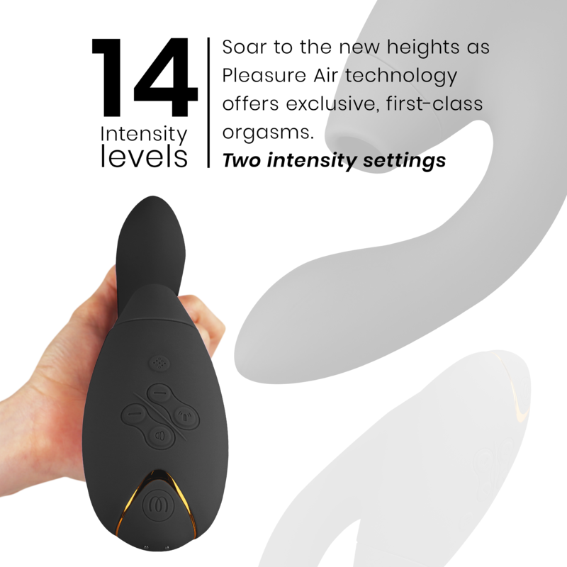 Black Womanizer DUO 2 stimulator with curved design and control buttons, held in hand.