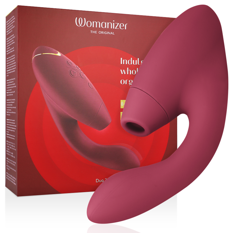 Bordeaux curved dual stimulator with smooth silicone surface and control buttons, next to matching product box.
