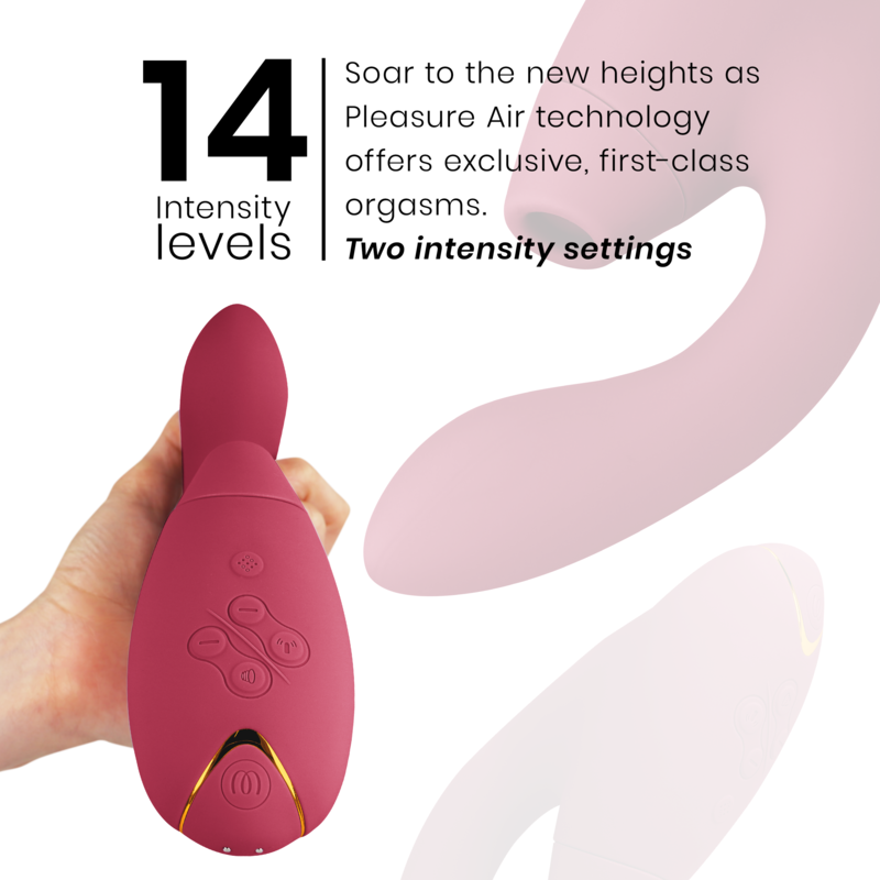 Bordeaux dual stimulator with curved design and control buttons, made of smooth silicone.