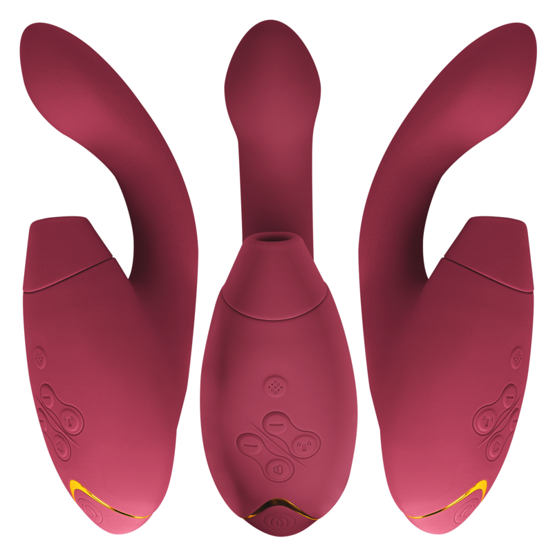 Bordeaux dual stimulator with ergonomic curved design and multiple control buttons.