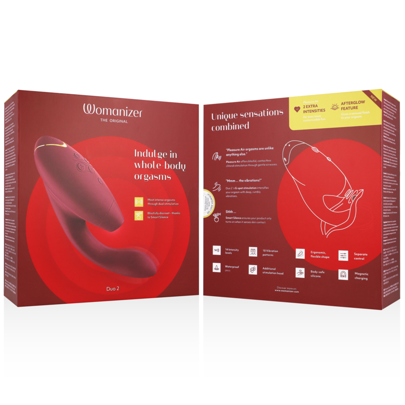 Bordeaux Womanizer Duo 2 stimulator with flexible design and ergonomic curves, displayed with red packaging and product info.