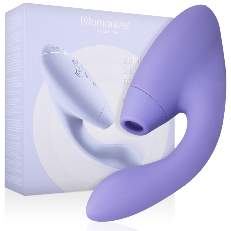 Lilac curved dual stimulator with ergonomic design and control buttons next to matching box.