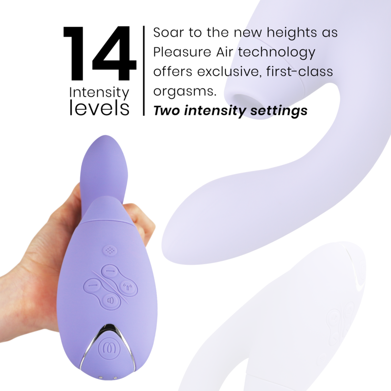 Lilac dual-stimulator with curved tip, ergonomic buttons, and smooth matte finish.