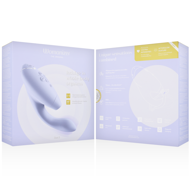 Lilac Womanizer Duo 2 stimulator with dual stimulation design shown on front and informational back box details.
