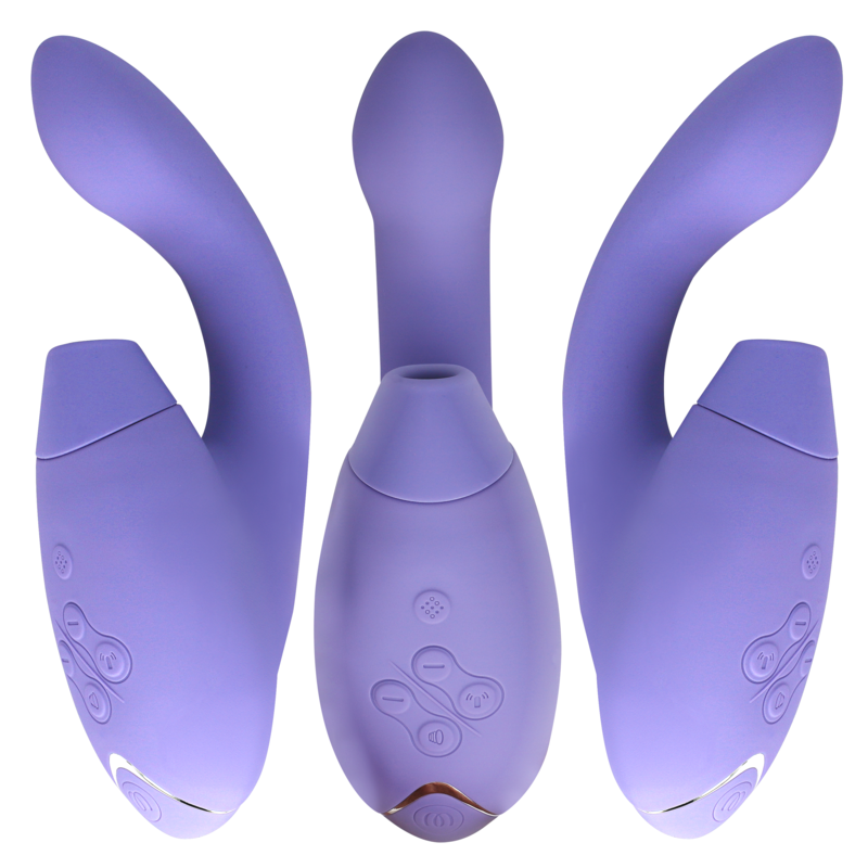 Lilac dual-stimulation device with curved ergonomic design and control buttons on handle.