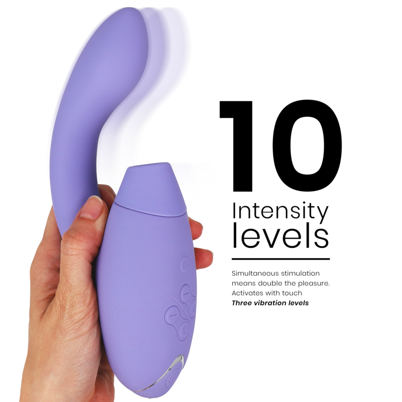 Lilac curved stimulator with ergonomic shape and motion lines, held in hand with 10 intensity levels text.