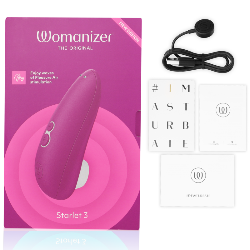 Violet Womanizer Starlet 3 clitoral stimulator with black charging cable, instructions, and pink packaging box.