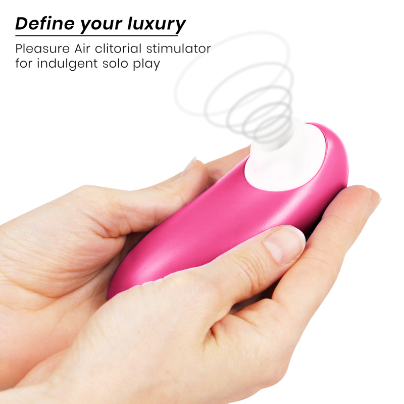 Compact pink clitoral stimulator with white silicone air pulse head held in hands.