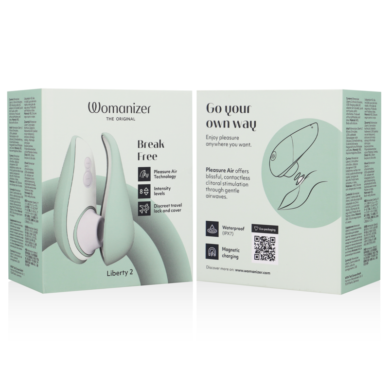 Light green Womanizer Liberty 2 clitoris stimulator with ergonomic design and smooth finish on white background with product .