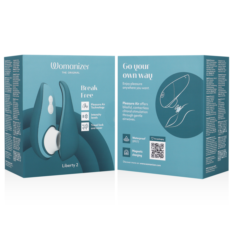 Blue Womanizer Liberty 2 clitoris stimulator with packaging showing front and back views.