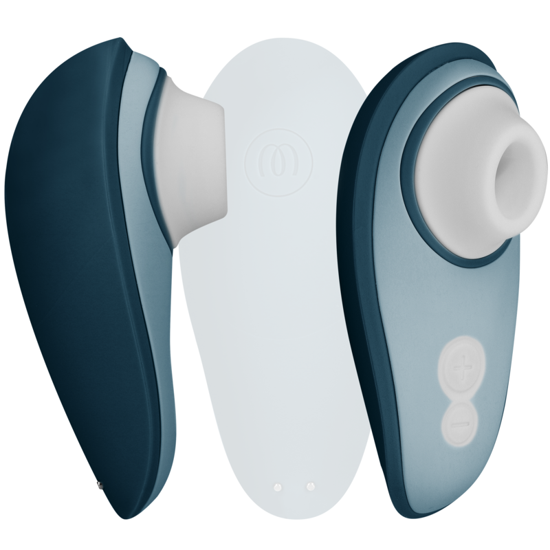 Blue and white clitoris stimulator with ergonomic curved design and silicone suction head.