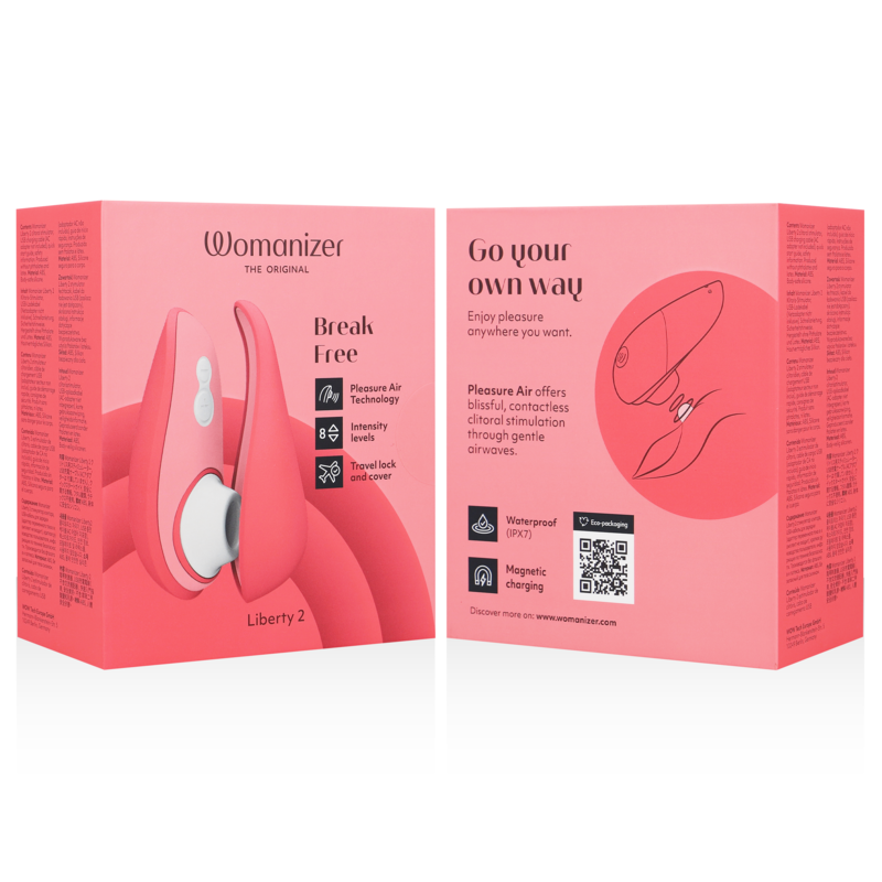 Pink Womanizer Liberty 2 clitoris stimulator with ergonomic design and white control button on packaging box.