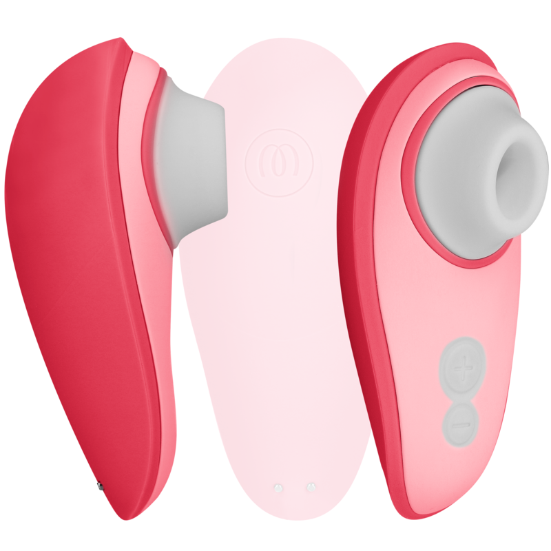 Pink and red Womanizer Liberty 2 clitoris stimulator with silicone suction head and control buttons.