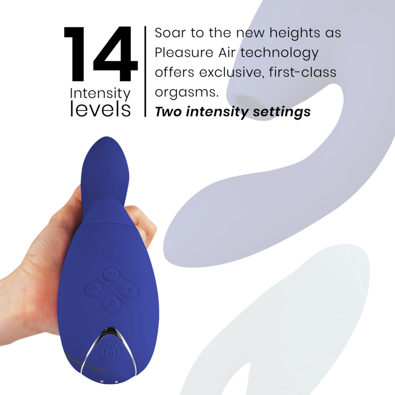 Blue dual-stimulator with curved tip and ergonomic handle featuring control buttons.