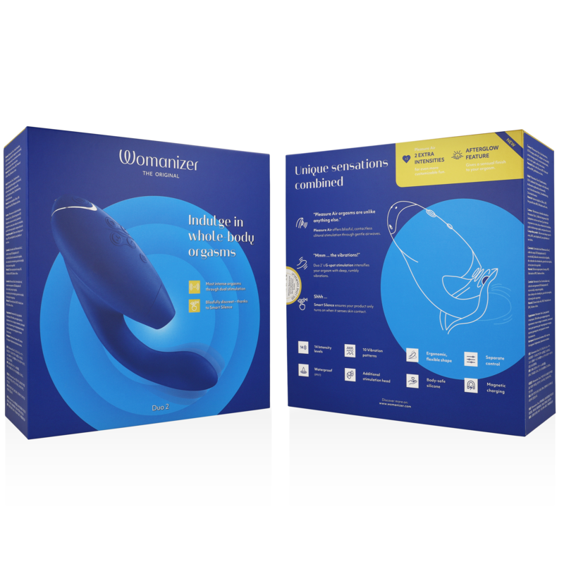 Blue dual-stimulation vibrator with ergonomic curved design shown with front and back packaging.