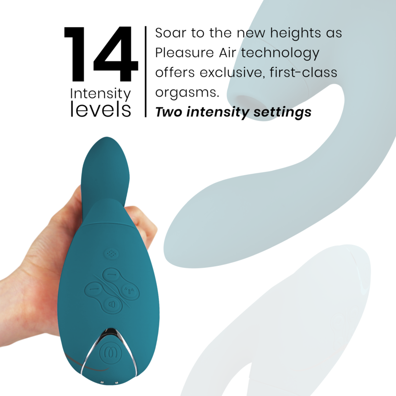 Blue petrol dual stimulator with smooth silicone curves and control buttons on handle.