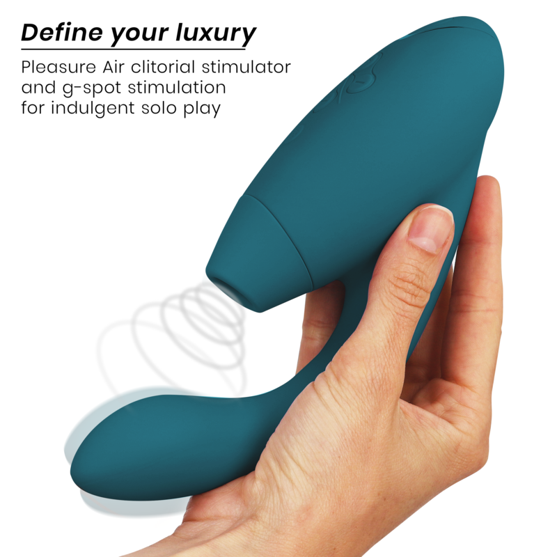 Blue petrol dual stimulator with curved tip and ergonomic handle in hand.