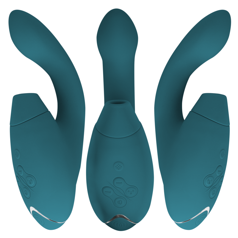 Blue petrol curved dual stimulator with ergonomic silicone body and control buttons.
