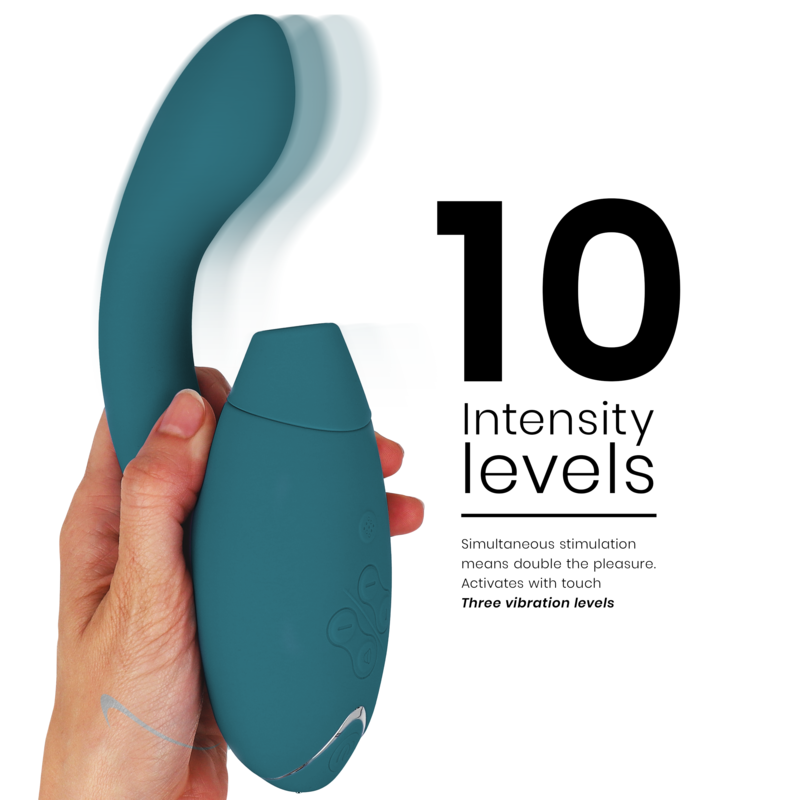 Blue petrol curved dual stimulator with ergonomic handle and vibration controls.