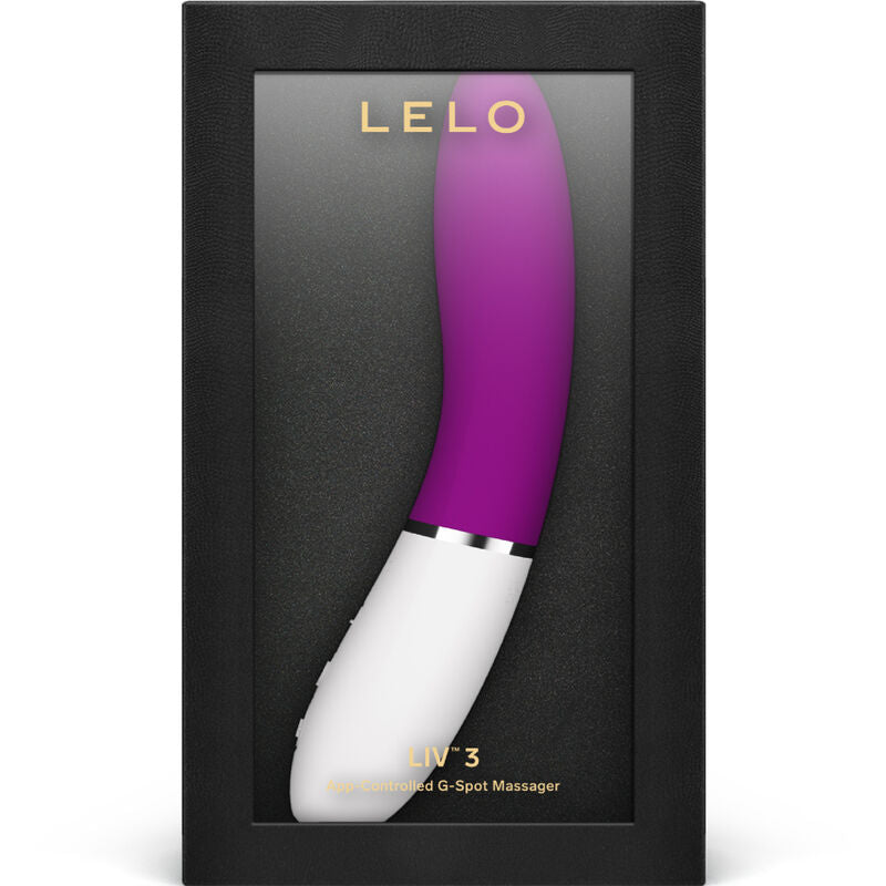 Purple and white curved G-spot stimulator with smooth silicone surface and silver accent ring in black packaging.