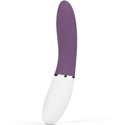 Curved violet G-spot stimulator with smooth silicone surface and white ergonomic handle.