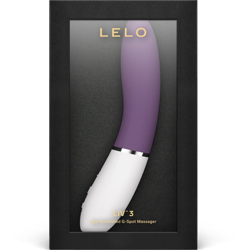Purple curved G-spot stimulator with white ergonomic handle and silver accent ring in black box packaging.