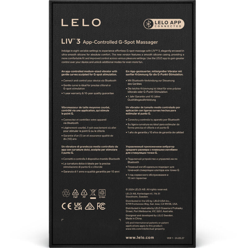 Black LELO LIV 3 packaging box with gold text detailing app-controlled G-spot massager features.