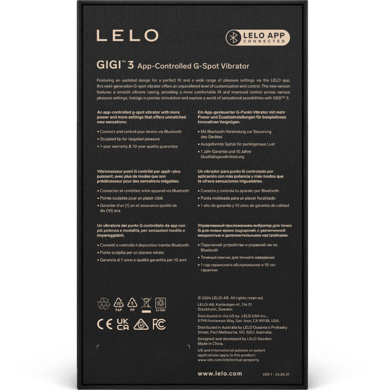 Black packaging box with gold text detailing LELO GIGI 3 app-controlled G-spot vibrator features and instructions.