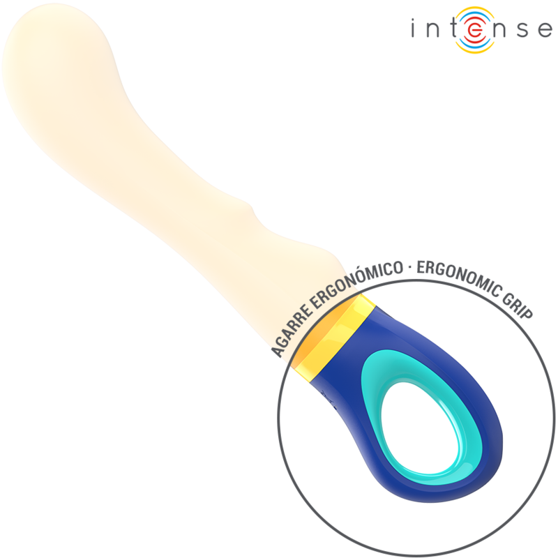 Curved yellow vibrator with ergonomic blue and purple handle and open grip design.