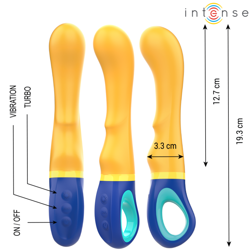 Yellow curved vibrator with blue ergonomic handle and control buttons, measuring 19.3 cm tall and 3.3 cm wide.