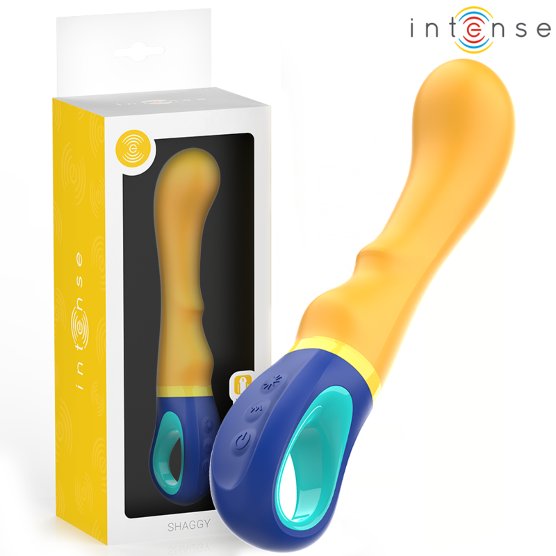 Yellow curved vibrator with textured shaft and blue ergonomic handle with control buttons next to packaging box.
